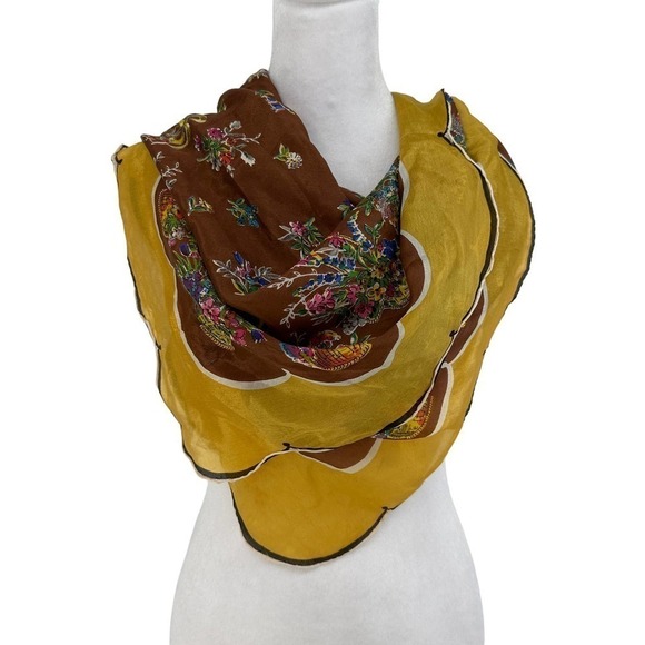 vintage scalloped Carol Stanley Floral Designer Scarf Silk Yellow Brown One Size - Picture 8 of 12